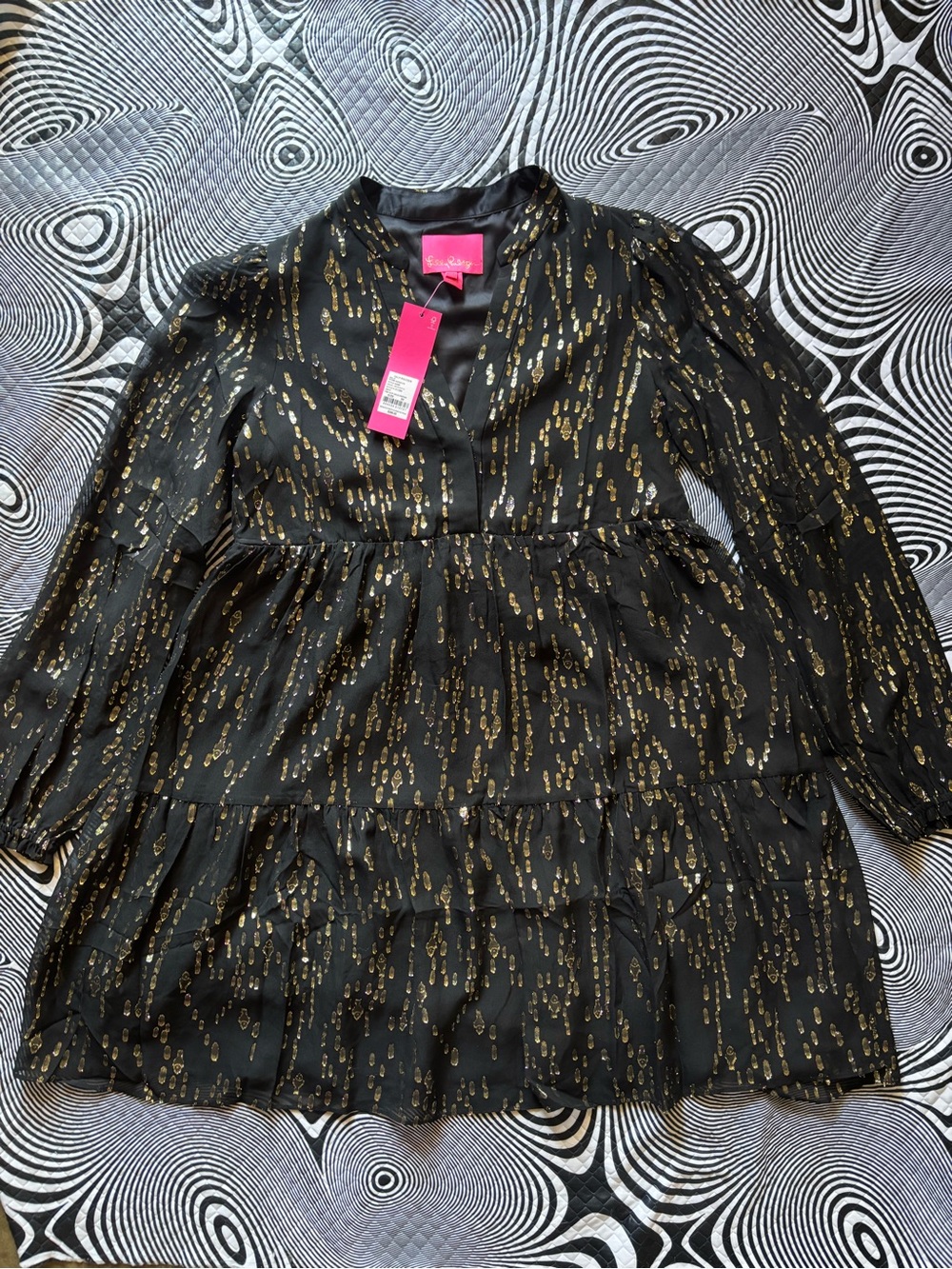 Lilly Pulitzer Black with Gold Metallic Flecks Tiered Mini Dress